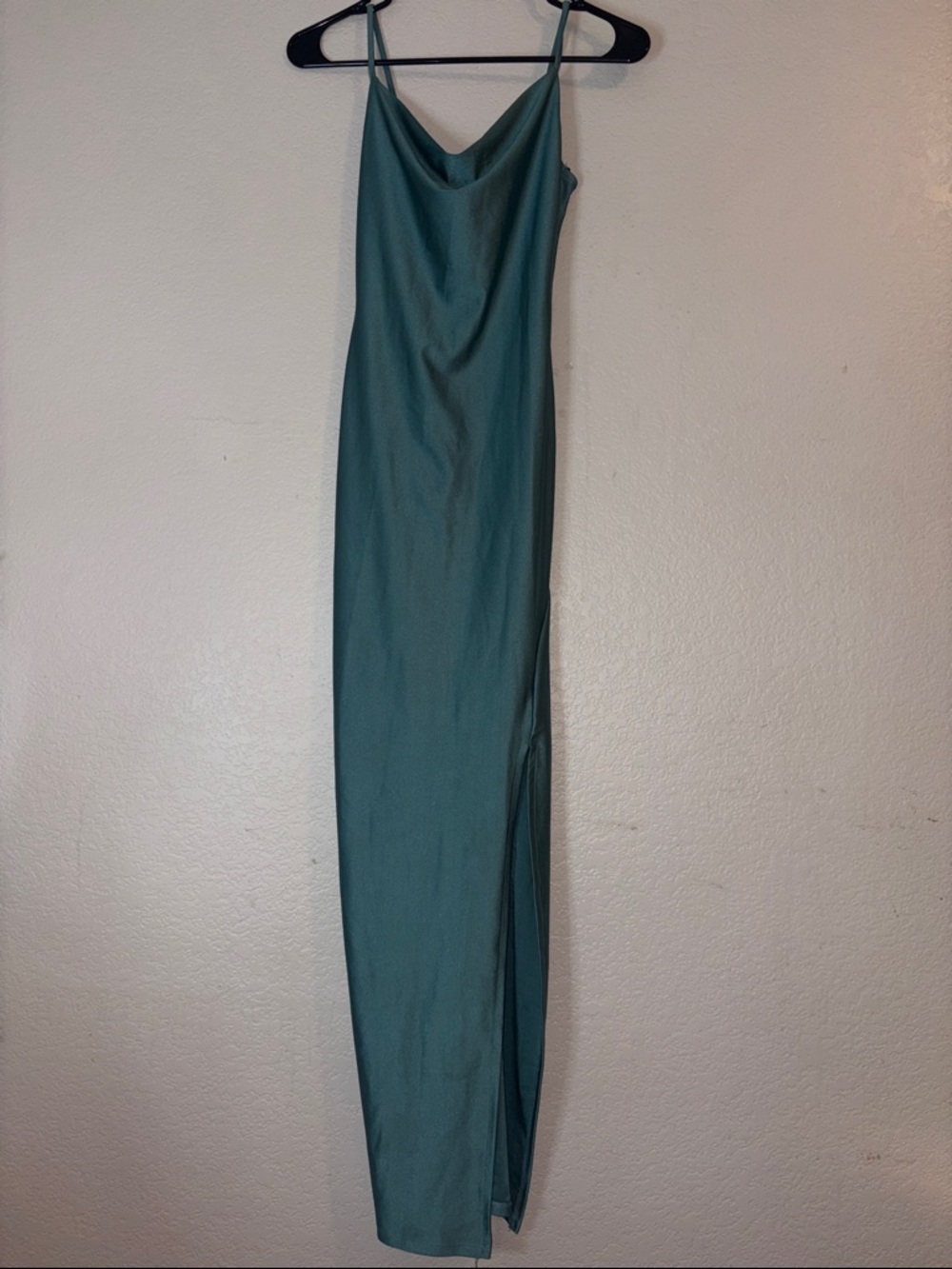 Haley & June Satin Teal Cowl Neck Maxi Dress with Side Slit